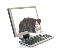 Hi tech computer. Hi Tech slim line Computer screen and keyboard, detective inspecting for viruses. White background Hi tech computer. Hi Tech slim line Computer screen and keyboard, detective inspecting for viruses. White background