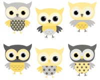 Hiboux de bande dessinée réglés - jaune et gris illustration libre de droits Hiboux de bande dessinée réglés - jaune et gris illustration libre de droits