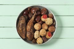 Sweet potato, chestnuts and Catalan panellets stock image Sweet potato, chestnuts and Catalan panellets stock image