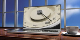 High internet speed. Vintage car gauge speedometer on a laptop screen, blur sky out of window. 3d illustration Royalty Free Stock Images High internet speed. Vintage car gauge speedometer on a laptop screen, blur sky out of window. 3d illustration Royalty Free Stock Images