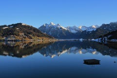 High Mountains Mirroring In Lake Sihlsee Royalty Free Stock Photos