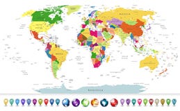 Highly detailed political world map with a glossy navigation set