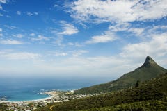 Hiking in nature with a view of a mountain in the distance with blue skies. stock photography Hiking in nature with a view of a mountain in the distance with blue skies. stock photography