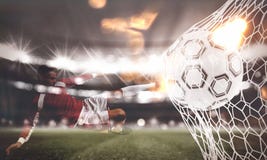 Hintergrund eines Fußballs schießt ein Tor auf dem Netz Wiedergabe 3d lizenzfreie stockbilder Hintergrund eines Fußballs schießt ein Tor auf dem Netz Wiedergabe 3d lizenzfreie stockbilder