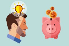 Hippie-Bartgeschäftsmann mit der Idee, die Sparschwein mit Geld schaut Feder, Brillen und Diagramme stock abbildung Hippie-Bartgeschäftsmann mit der Idee, die Sparschwein mit Geld schaut Feder, Brillen und Diagramme stock abbildung
