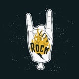 Hippie-Weinleseaufkleber ließ ` s mit der menschlichen Hand schaukeln Drucken Sie mit der Hand und Fingern, die Zeichen des Rocks lizenzfreie abbildung Hippie-Weinleseaufkleber ließ ` s mit der menschlichen Hand schaukeln Drucken Sie mit der Hand und Fingern, die Zeichen des Rocks lizenzfreie abbildung