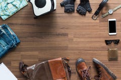 Hipster Clothes And Accessories On A Wooden Background Stock Photos