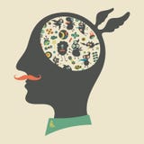Hipster head with thoughts about happy monsters. stock illustration Hipster head with thoughts about happy monsters. stock illustration