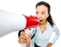 Hispanic businesswoman shouting megaphone loudspeker stock photo Hispanic businesswoman shouting megaphone loudspeker stock photo