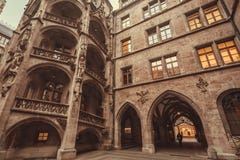 Historical courtyard of New Town Hall Neues Rathaus with gothic style arches Stock Photography Historical courtyard of New Town Hall Neues Rathaus with gothic style arches Stock Photography