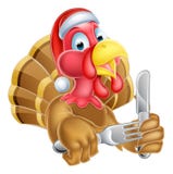 Historieta Turquía en la Navidad Santa Hat Holding Knife y la bifurcación ilustración del vector Historieta Turquía en la Navidad Santa Hat Holding Knife y la bifurcación ilustración del vector