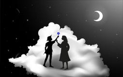 História de Peter Pan, Peter Pan e Wendy estando na nuvem, noite feericamente, ilustração royalty free História de Peter Pan, Peter Pan e Wendy estando na nuvem, noite feericamente, ilustração royalty free