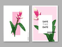 Hochzeits-Einladungs-Schablone mit Blumen und Palmblättern Tropische Blumenabwehr die Datums-Karte Exotisches Blumen-Design Stockfotografie Hochzeits-Einladungs-Schablone mit Blumen und Palmblättern Tropische Blumenabwehr die Datums-Karte Exotisches Blumen-Design Stockfotografie