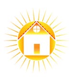 Hogar con vector brillante del logotipo del sol stock de ilustración Hogar con vector brillante del logotipo del sol stock de ilustración