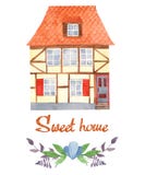 Hogar del dulce de la tarjeta de felicitación de la acuarela Casa de entramado de madera, flores, ramas stock de ilustración Hogar del dulce de la tarjeta de felicitación de la acuarela Casa de entramado de madera, flores, ramas stock de ilustración