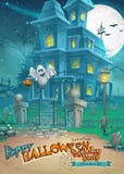 Holiday card with a mysterious Halloween haunted house and fun ghost vector illustration Holiday card with a mysterious Halloween haunted house and fun ghost vector illustration