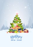 Holiday Greeting Card Christmas Tree Over Snowy Winter Forest Happy New Year Concept. Flat Vector Illustration royalty free illustration Holiday Greeting Card Christmas Tree Over Snowy Winter Forest Happy New Year Concept. Flat Vector Illustration royalty free illustration