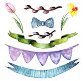 Holiday set, happy easter, watercolor flowers, ribbons vector illustration Holiday set, happy easter, watercolor flowers, ribbons vector illustration