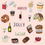 Holly Jolly-Handgezogener Satz festliche Aufkleber stock abbildung Holly Jolly-Handgezogener Satz festliche Aufkleber stock abbildung