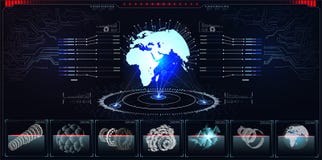 Hologram планеты с футуристическими элементами дизайна hud с диаграммой бара и круга Infographic или интерфейс технологии для инф бесплатная иллюстрация Hologram планеты с футуристическими элементами дизайна hud с диаграммой бара и круга Infographic или интерфейс технологии для инф бесплатная иллюстрация
