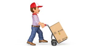 hombre de entrega de la cantidad de la animación 3D que empuja un camión de mano con las cajas con el foto-jpg blanco del fondo ilustración del vector hombre de entrega de la cantidad de la animación 3D que empuja un camión de mano con las cajas con el foto-jpg blanco del fondo ilustración del vector