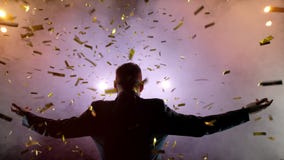 Hombre de negocios acertado con los brazos para arriba que celebra su victoria Celebración de éxito Opinión de ángulo bajo de jóv almacen de metraje de vídeo Hombre de negocios acertado con los brazos para arriba que celebra su victoria Celebración de éxito Opinión de ángulo bajo de jóv almacen de metraje de vídeo