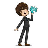 Hombre de negocios alegre que presenta con un pedazo de rompecabezas ilustración del vector Hombre de negocios alegre que presenta con un pedazo de rompecabezas ilustración del vector