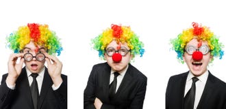 Hombre de negocios del payaso aislado en blanco foto de archivo libre de regalías Hombre de negocios del payaso aislado en blanco foto de archivo libre de regalías