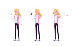 Hombre de negocios joven Character Design Sistema de la mujer de negocios que actúa en traje usando smartphone, hablando vía el t libre illustration Hombre de negocios joven Character Design Sistema de la mujer de negocios que actúa en traje usando smartphone, hablando vía el t libre illustration