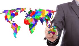 Hombre de negocios que dibuja el mapa colorido del mundo fotografía de archivo Hombre de negocios que dibuja el mapa colorido del mundo fotografía de archivo