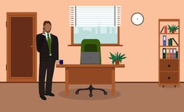 Hombre de negocios que habla en el teléfono en oficina Lugar de trabajo de la oficina Ilustración del vector libre illustration Hombre de negocios que habla en el teléfono en oficina Lugar de trabajo de la oficina Ilustración del vector libre illustration