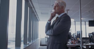 Hombre de negocios que mira fuera de la ventana y del pensamiento almacen de video Hombre de negocios que mira fuera de la ventana y del pensamiento almacen de video