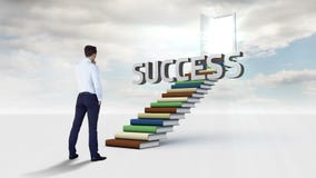 Hombre de negocios que mira una palabra en una escalera hecha de libros Hombre de negocios que mira una palabra en una escalera hecha de libros