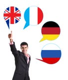 Hombre de negocios y burbujas con las banderas de países Foto de archivo