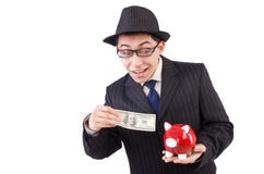 Hombre divertido con el piggybank imagen de archivo libre de regalías Hombre divertido con el piggybank imagen de archivo libre de regalías