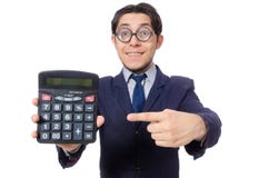 Hombre divertido con la calculadora aislada en blanco imagenes de archivo Hombre divertido con la calculadora aislada en blanco imagenes de archivo