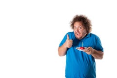 Hombre gordo divertido con la torta Feliz cumpleaños stock de ilustración Hombre gordo divertido con la torta Feliz cumpleaños stock de ilustración