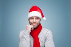 Hombre hermoso con la barba que lleva un sombrero de la Navidad Fotos de archivo Hombre hermoso con la barba que lleva un sombrero de la Navidad Fotos de archivo