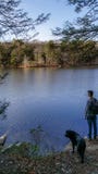 Hombre joven observando el lago pacífico durante un paseo que camina con su perro en otoño Massachusetts, Nueva Inglaterra EE.UU. imagen de archivo Hombre joven observando el lago pacífico durante un paseo que camina con su perro en otoño Massachusetts, Nueva Inglaterra EE.UU. imagen de archivo