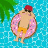 Hombre joven que flota en un círculo inflable en una piscina El muchacho en gafas de sol y la natación del casquillo en nadada su ilustración del vector Hombre joven que flota en un círculo inflable en una piscina El muchacho en gafas de sol y la natación del casquillo en nadada su ilustración del vector