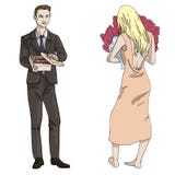 Hombre y muchacha del ejemplo del vector con una caja de caramelos y de flores stock de ilustración Hombre y muchacha del ejemplo del vector con una caja de caramelos y de flores stock de ilustración
