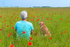 Hombre y perro en campo del poppie fotografía de archivo Hombre y perro en campo del poppie fotografía de archivo