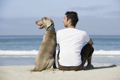 Hombre y perro que se sientan en la playa Imagenes de archivo Hombre y perro que se sientan en la playa Imagenes de archivo