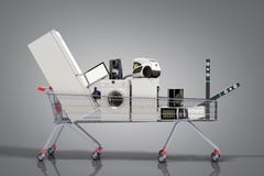 Home appliances in the shopping cart E-commerce or online shopping concept 3d render on grey royalty free illustration Home appliances in the shopping cart E-commerce or online shopping concept 3d render on grey royalty free illustration