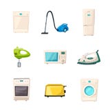 Home electronics icons. Cartoon vector illustration. Iron, fridge, toaster, washer, cooker microwave dishwasher mixer and vacuum stock illustration Home electronics icons. Cartoon vector illustration. Iron, fridge, toaster, washer, cooker microwave dishwasher mixer and vacuum stock illustration