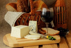 Home Feta Cheese, Blue Cheese, Wine And Bread Stock Image