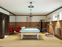 Home gym in the basement with fitness equipment and table tennis stock photo Home gym in the basement with fitness equipment and table tennis stock photo