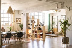 Home indoors. Open space with living room and dining room in bright industrial loft with green plants.