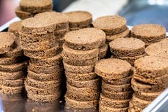 Home Made Bread Slices in Round Shape Put in Stainless Steel Con stock photos Home Made Bread Slices in Round Shape Put in Stainless Steel Con stock photos