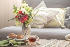 Homely cozy spring interior in the living room stock photo Homely cozy spring interior in the living room stock photo